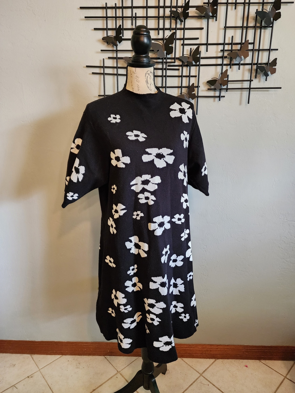 Black Floral Knit Mini Sweater Dress